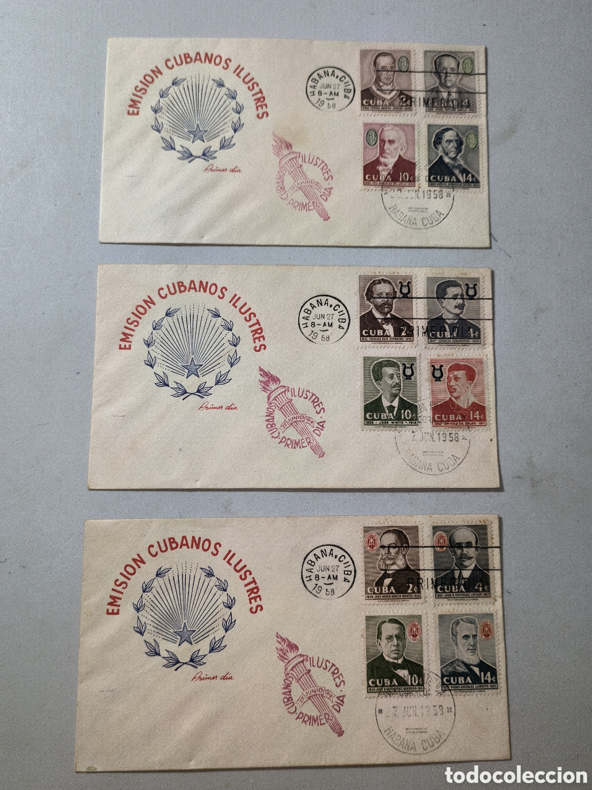 Sellos: Cuba,juego sobres primer d&iacute;a emisi&oacute;n personalidades cubanas del a&ntilde;o 1958.