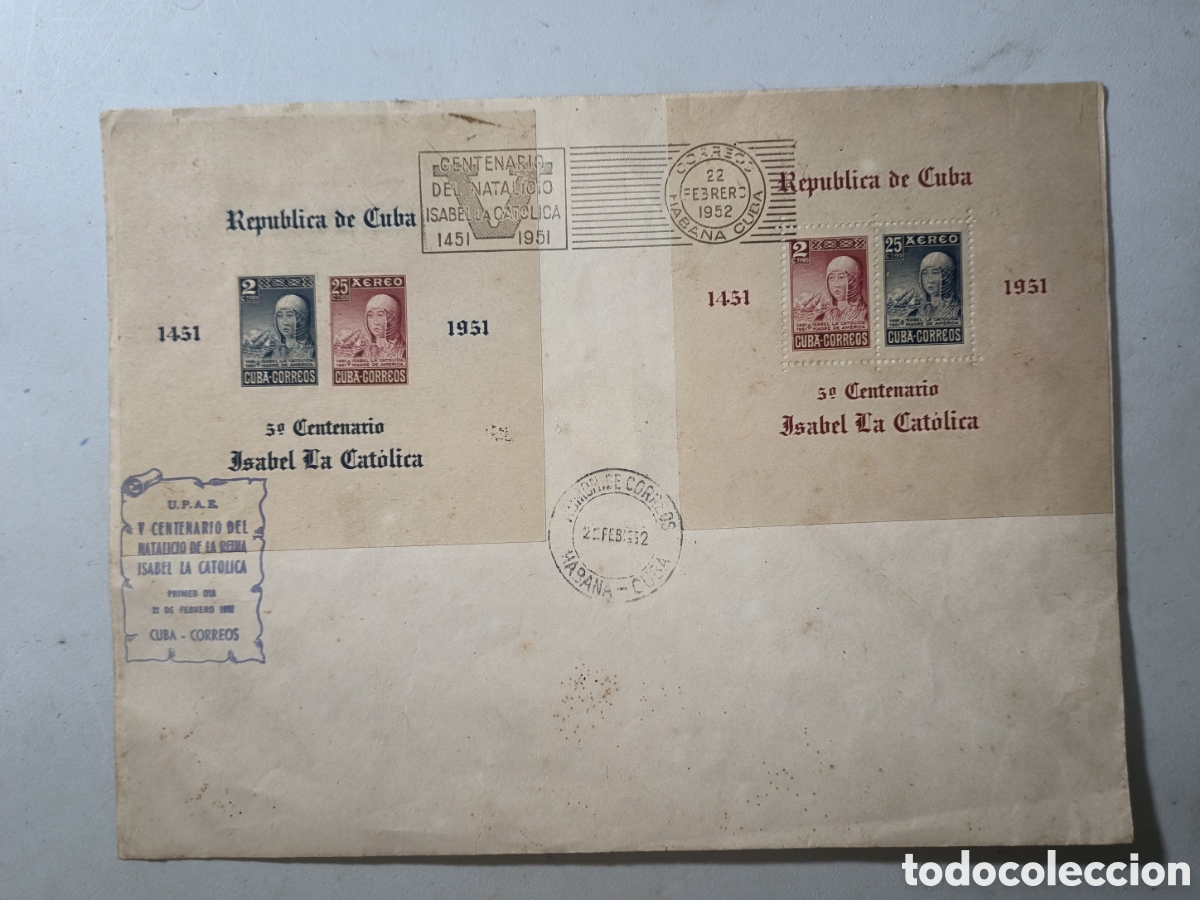 Sellos: Cuba,sobre primer d&iacute;a hojitas serie Isabel la cat&oacute;lica,a&ntilde;o 1952.