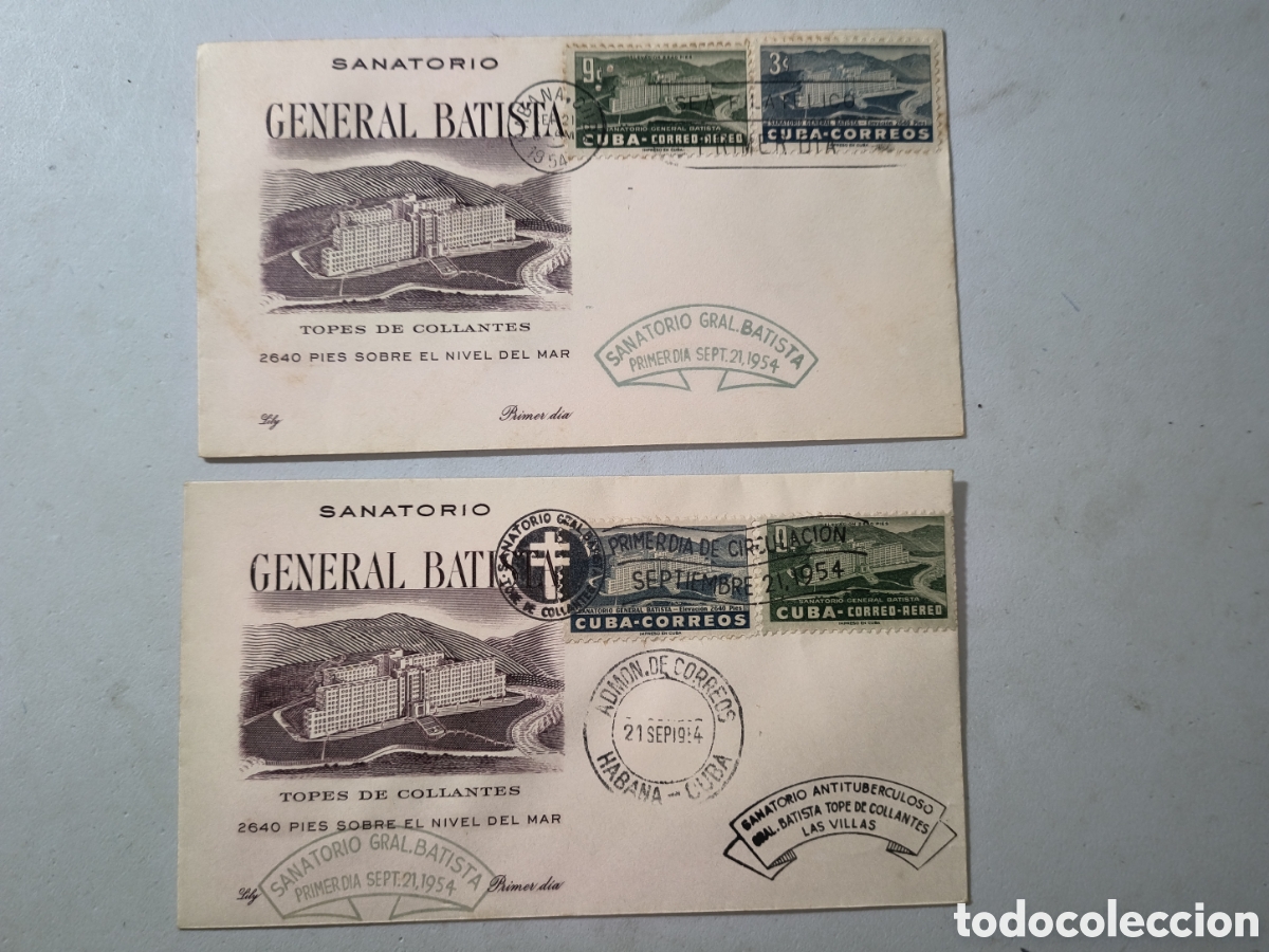 Sellos: Cuba,juego sobres primer d&iacute;a emisi&oacute;n sanatorio topes de Collantes ,a&ntilde;o 1954