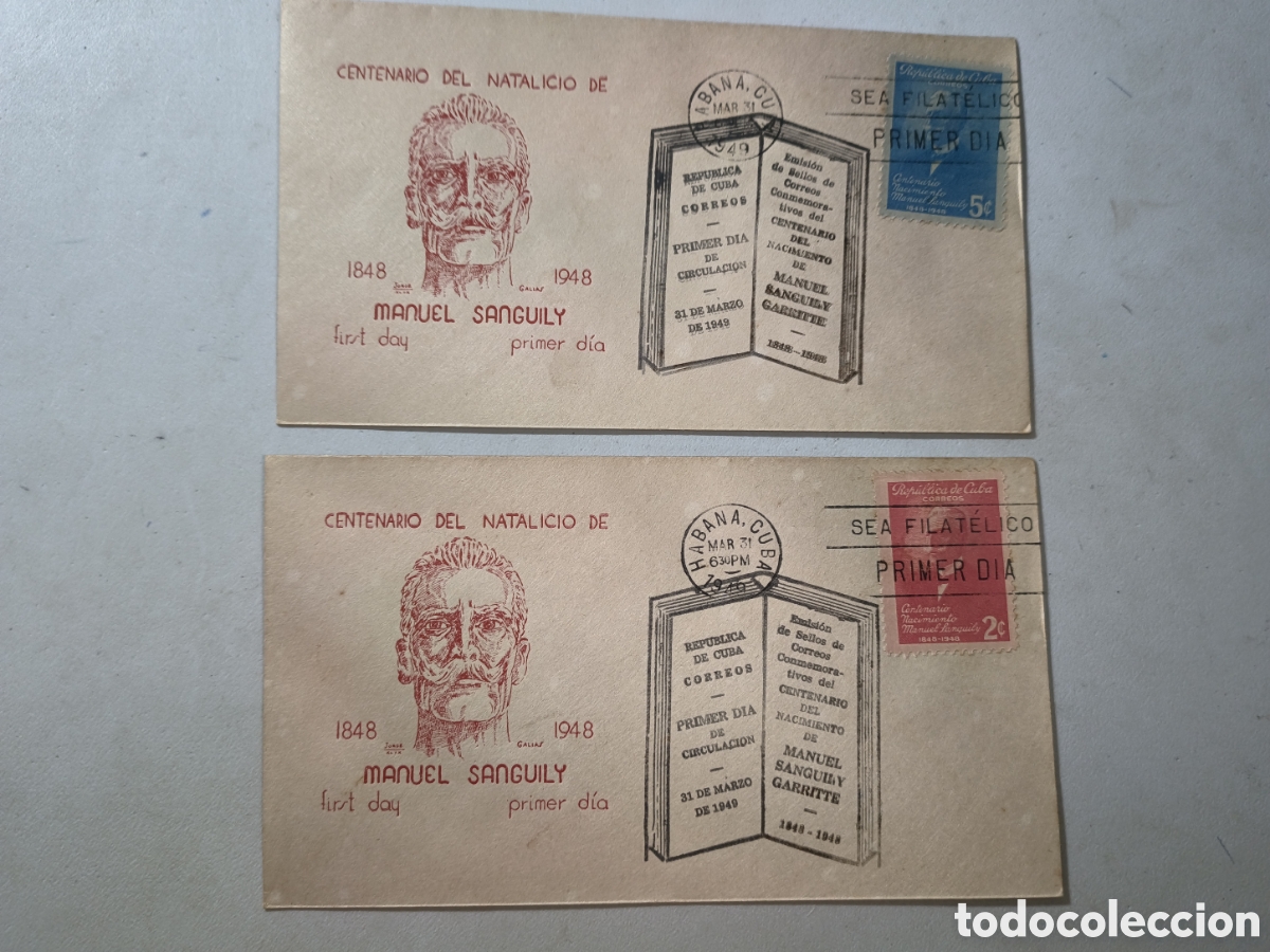 Sellos: Cuba,juego sobres primer d&iacute;a emisi&oacute;n centenario Manuel Sanguily,a&ntilde;o 1949.
