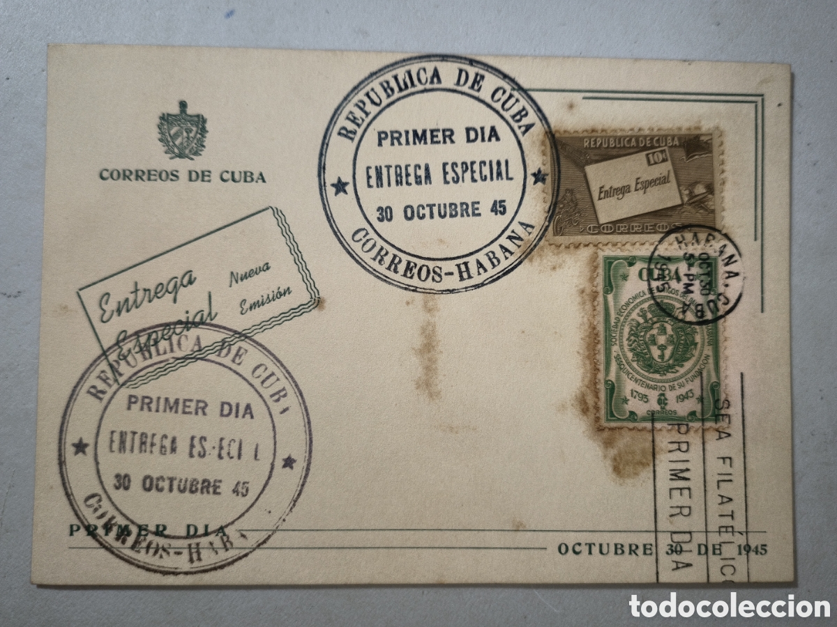 Sellos: Cuba,tarjeta especial primer d&iacute;a sello entrega especial del a&ntilde;o 1945.