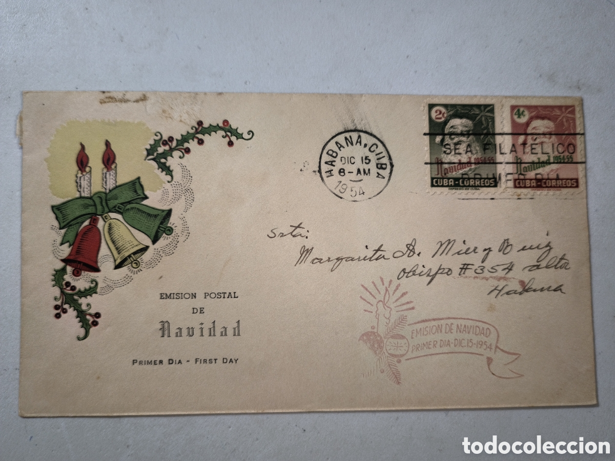 Sellos: Cuba,sobre primer d&iacute;a serie navidades a&ntilde;o 1954