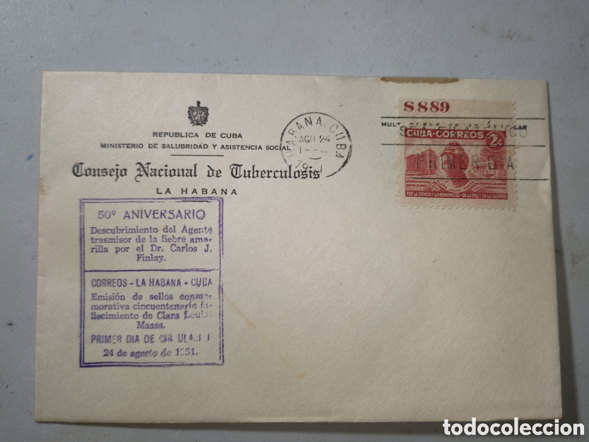 Sellos: Cuba,sobre oficial C.N.T.con la cancelaci&oacute;n de primer d&iacute;a cincuentenario clara Louise mass,a&ntilde;o 1951.