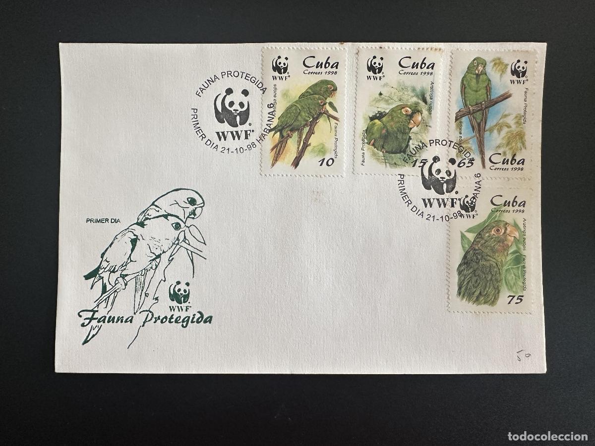Sellos: Cuba 1998 Mi. 4156 - 4159 FDC Cobertura local Fauna Protegida Loros WWF