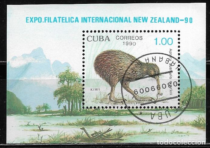 Sellos: CUBA 1990, HB. Ivert 121 - EXPOSICI&Oacute;N FILAT&Eacute;LICA NEW ZELANDA. P&Aacute;JARO KIWI, MATASELLO..