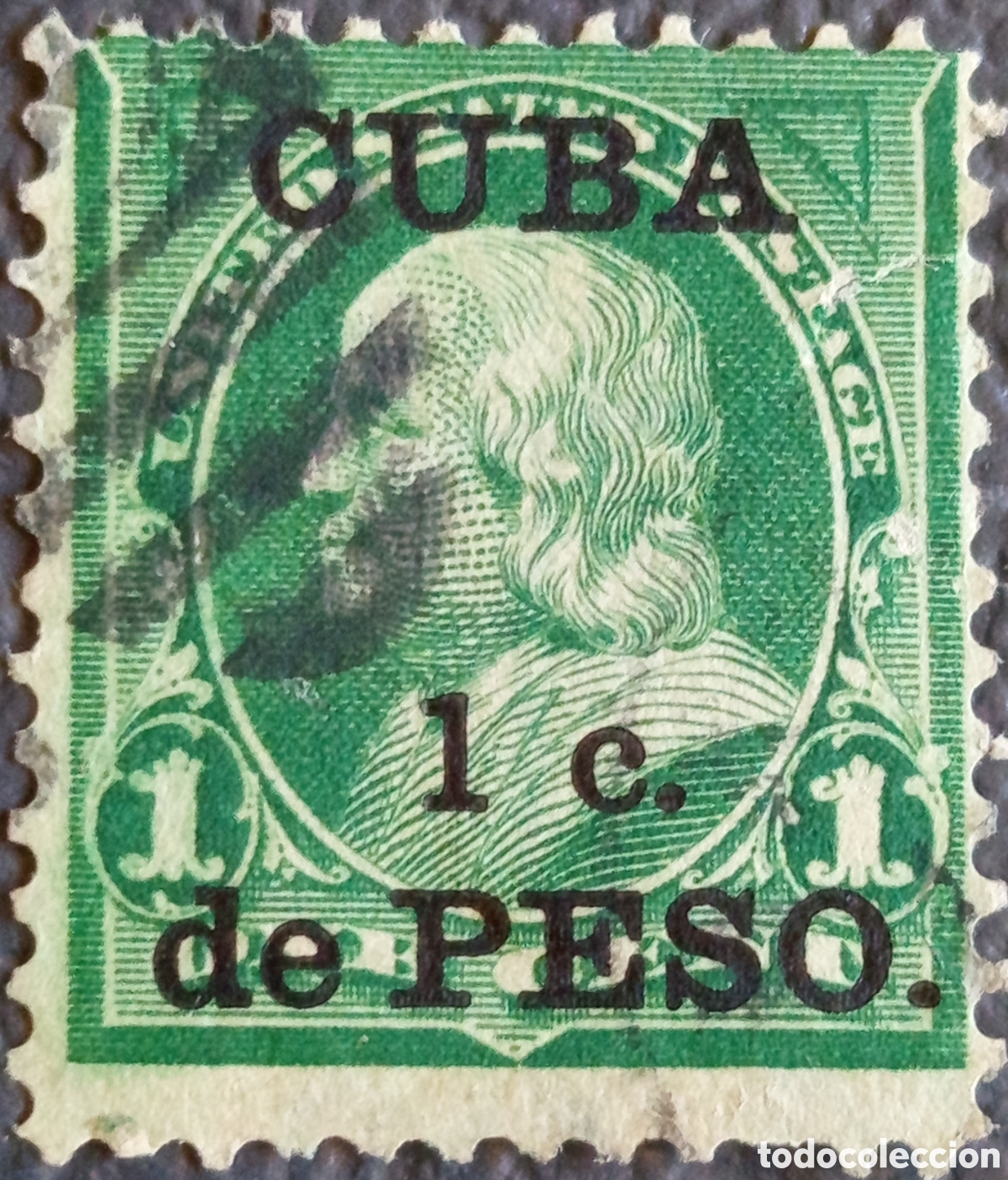 Sellos: Cuba 1899 Scott #221 1c de Peso Franklin Verde Ocupaci&oacute;n USA Usado