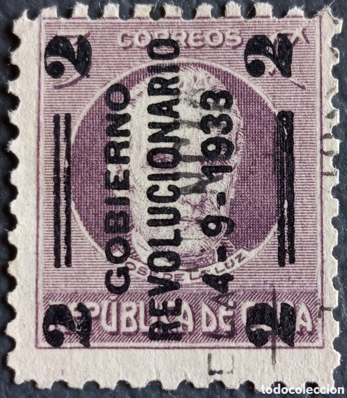 Sellos: Sello Cuba 1933 Sobrecarga Gobierno Revolucionario 2c P&uacute;rpura Cat#312