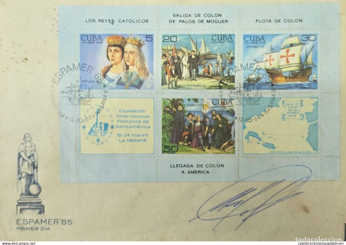 Sellos: O) 1985 CUBA, SPANISH COLONY, ESPAMER 1985, FERDINAND ISABELLA, DEPARTURE FROM PALOS, NI&Ntilde;A, PINTA, S