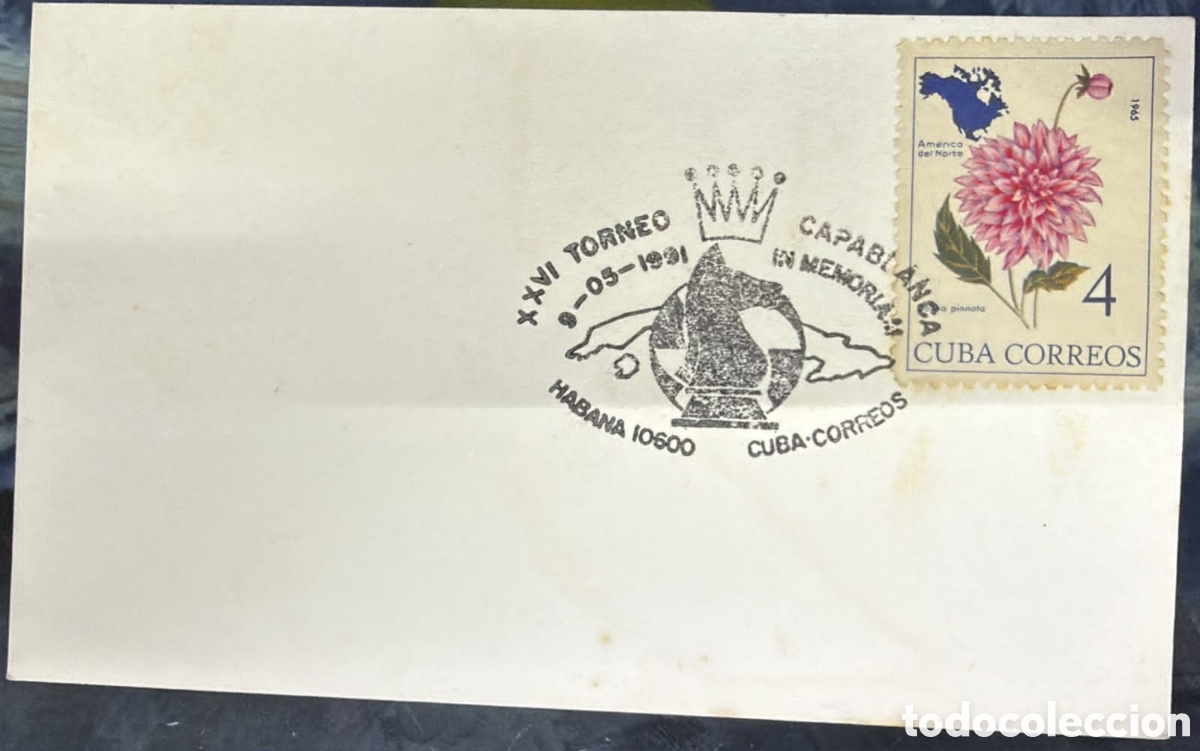 Sellos: CA)Cuba1965Flora & Chess Commemoration Stamp depicting the flower Dahlia pinnata with a small map of