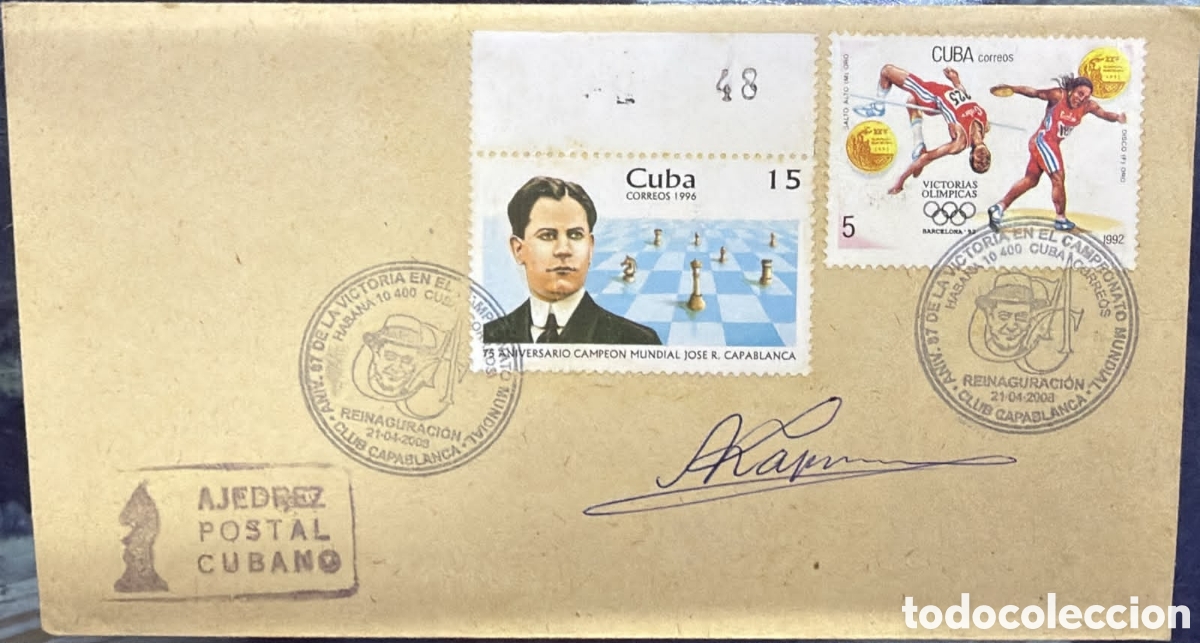 Sellos: CA)Cuba1996/1992/2003Capablanca & Olympic Victories.Commemorative postal envelope combining a 1996 s