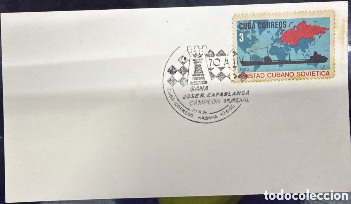 Sellos: CA)Cuba1966 Cuban‑Soviet Friendship a map with the USSR highlighted in red and a ship silhouette ca