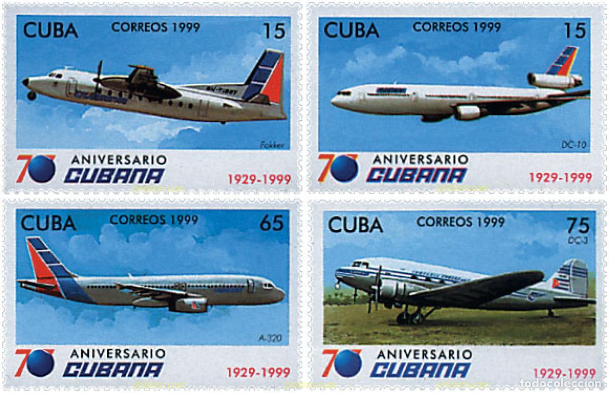 Sellos: 94478 MNH CUBA 1999 70 ANIVERSARIO DE LA CUBA AIRLINES