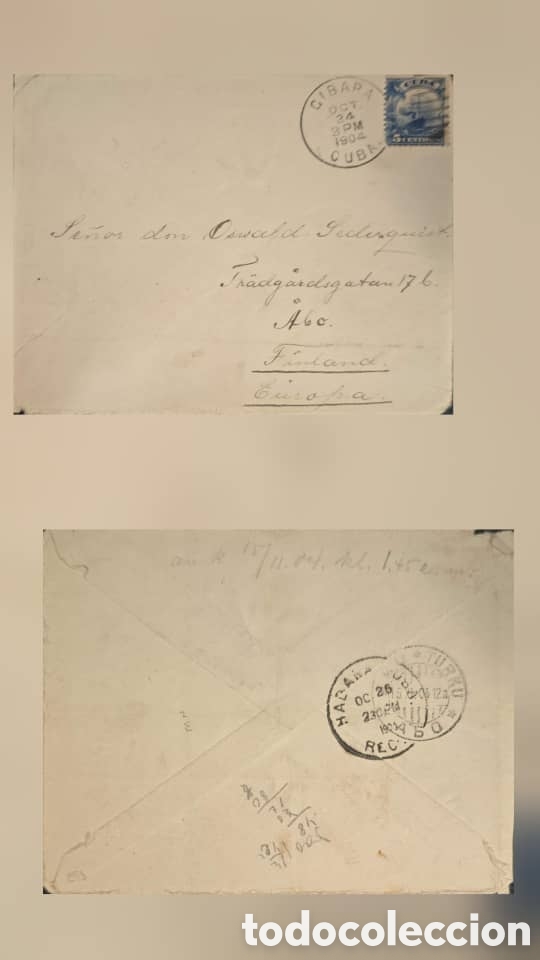 Sellos: CA)Cuba to Finland in 1904 It is cancelled by a circular datestamp from Gibara