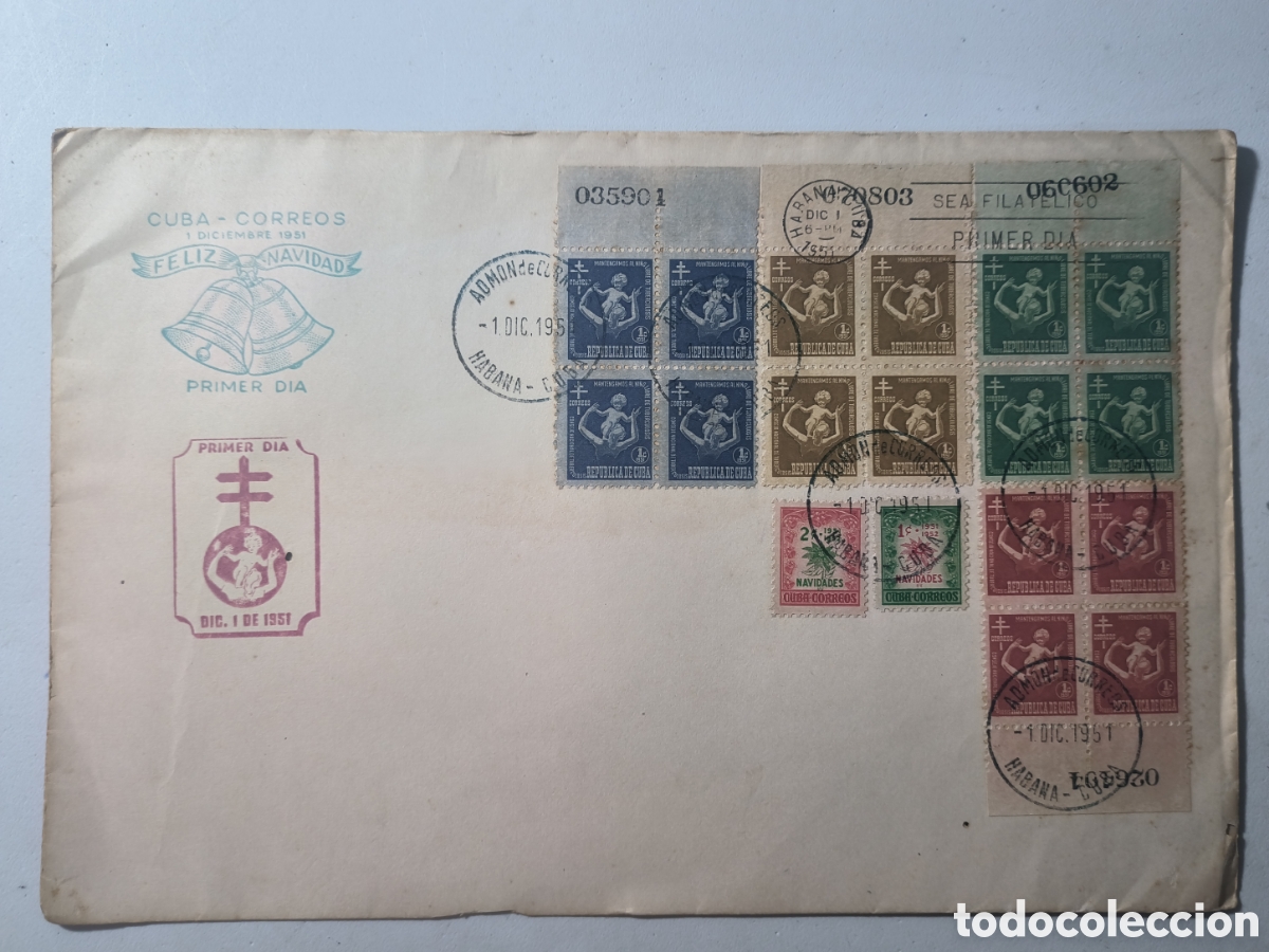 Sellos: Cuba,sobre primer d&iacute;a gigante con bloques serie tuberculosis a&ntilde;o 1951.