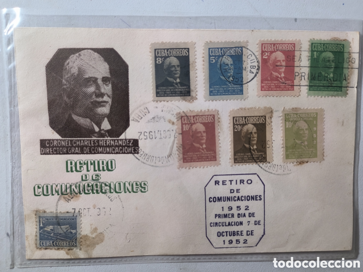 Sellos: Cuba,sobre primer d&iacute;a serie retiro comunicaciones del 1952