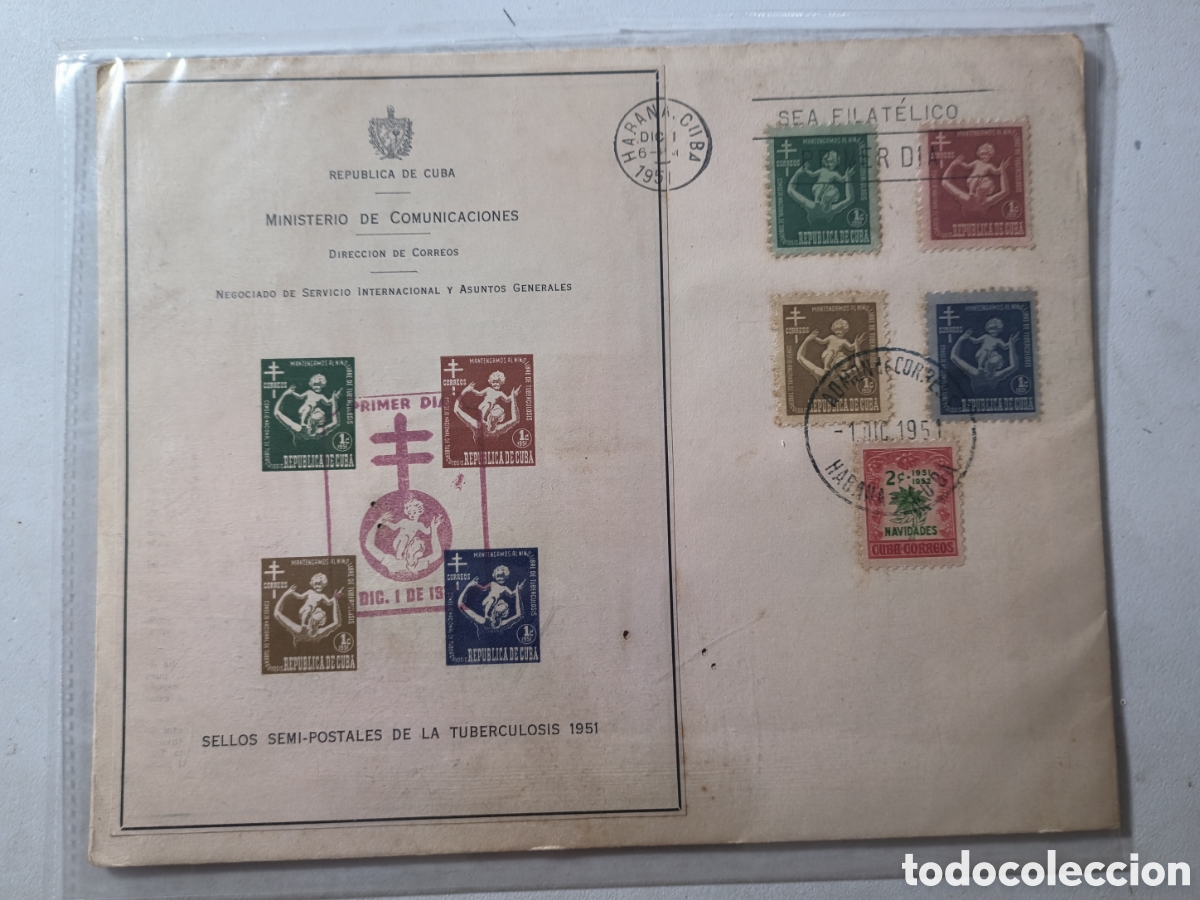 Sellos: Cuba,sobre primer d&iacute;a con hoja propaganda y serie tuberculosis a&ntilde;o 1951.