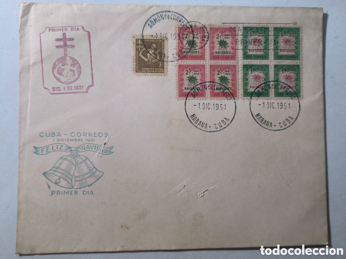Sellos: Cuba,sobre de primer d&iacute;a gigante con bloques de 4 emisi&oacute;n navidad 1951.