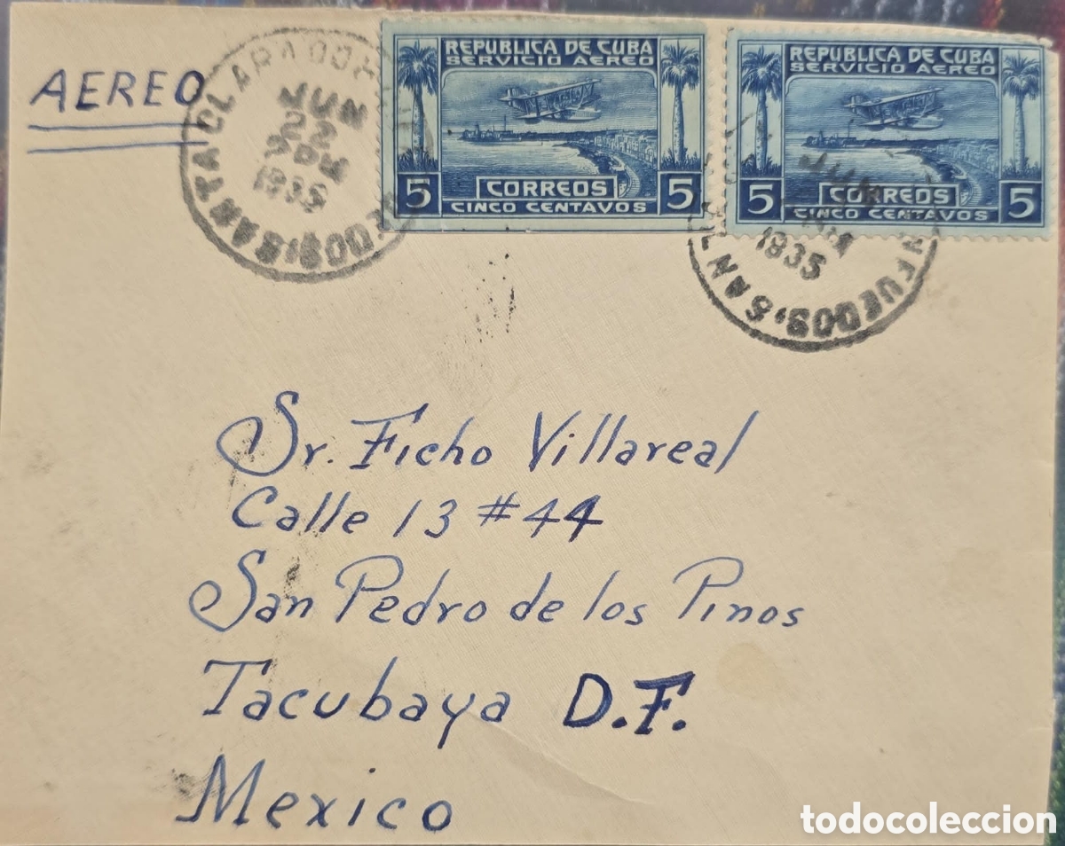 Sellos: CA)Cuba + 1940s + Airmail Service + Envelope addressed to Mexico, franked with twin 5‑centavo &ldquo;Servi
