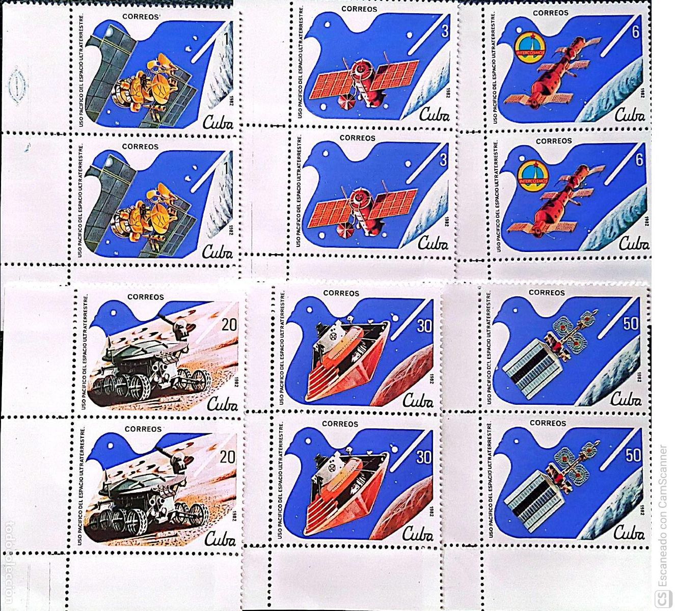Sellos: Cuba. 2353/58 Utilizaci&oacute;n pac&iacute;fica del espacio exterior: Ingenios espaciales, en pareja. 1982. Sell