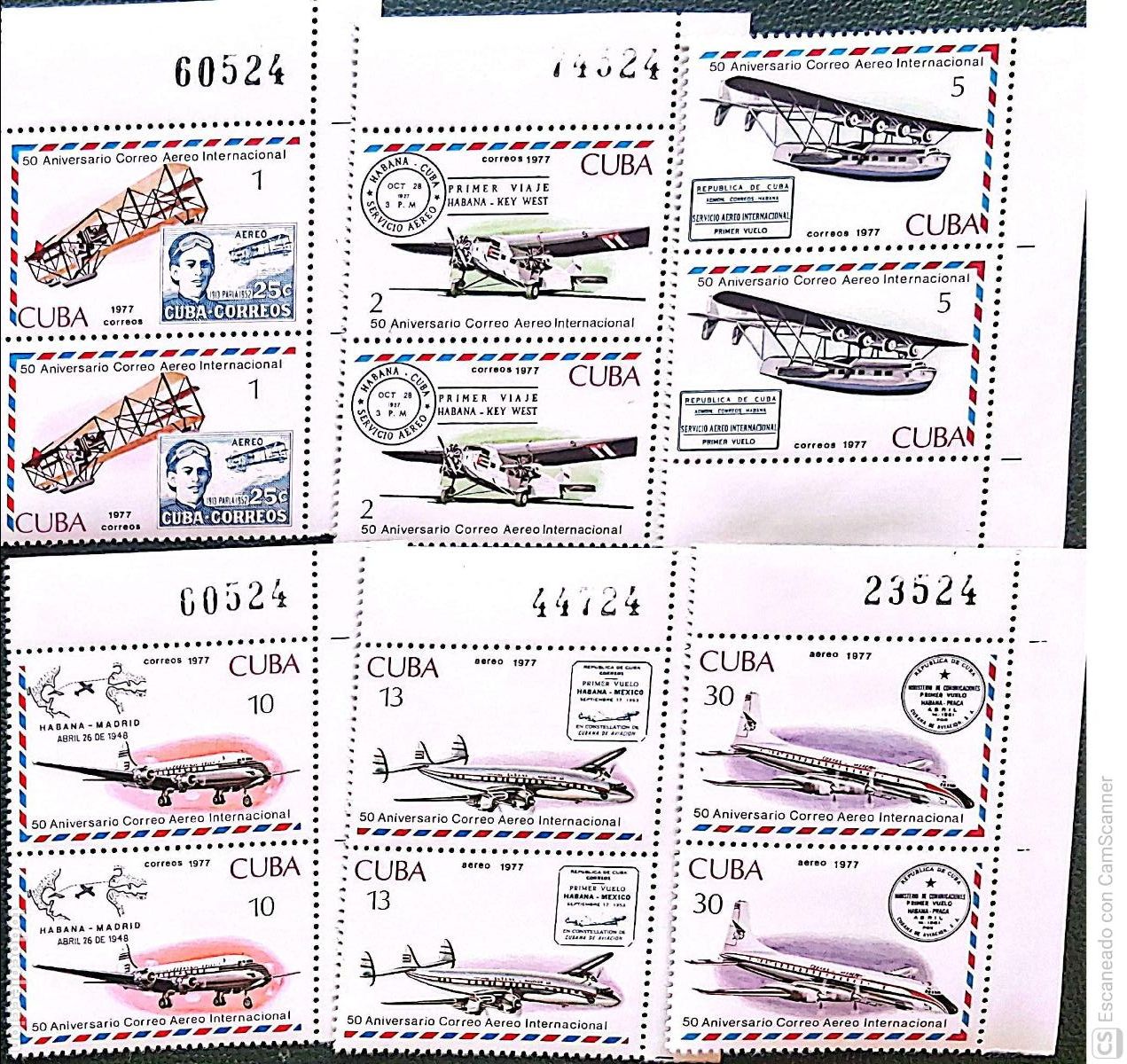 Sellos: Cuba. 2026/29 + A 265/66 Aniversario del correo a&eacute;reo internacional cubano, en pareja. Aviones. 1977