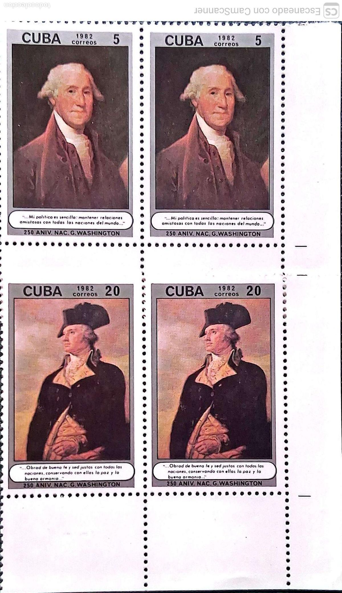 Sellos: Cuba. 2406/07 Aniversario nacimiento de George Washington: Retratos/Cuadros, en pareja. 1982. Sellos
