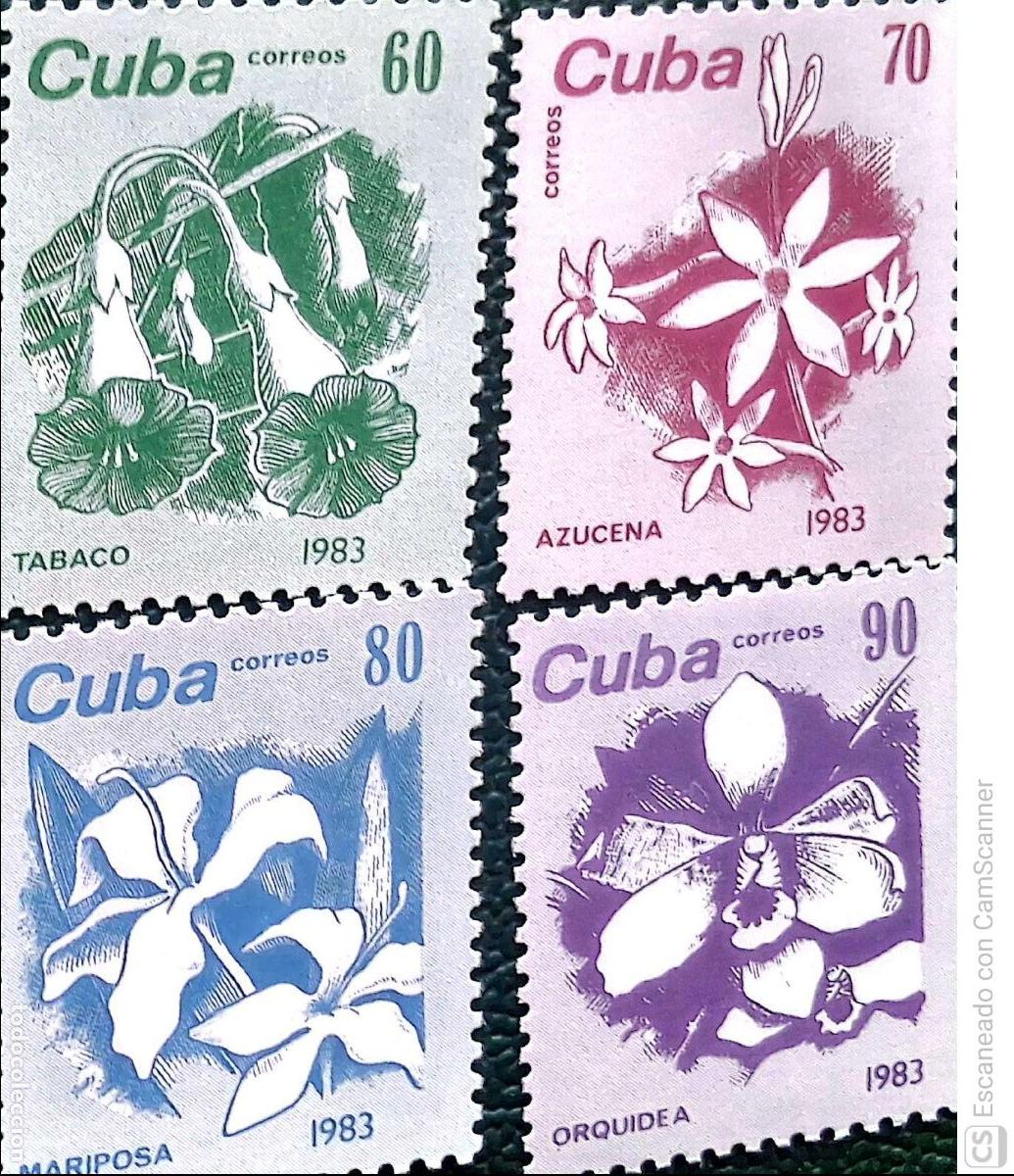 Sellos: Cuba. 2474/77 Flores: Tabaco, lirio blanco, mariposa y orqu&iacute;dea. 1983. Sellos nuevos y numeraci&oacute;n Yv