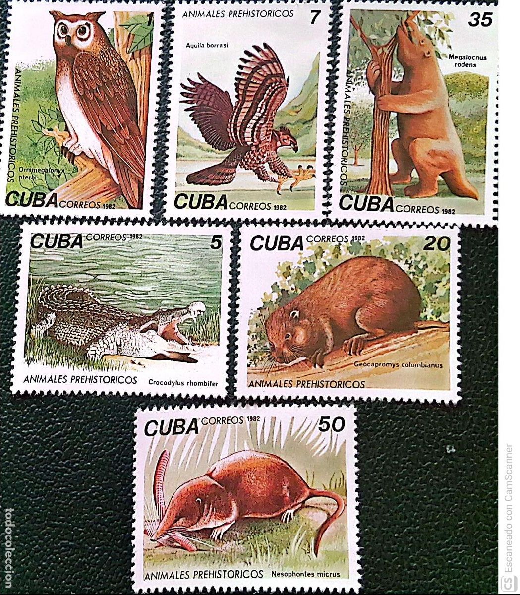 Sellos: Cuba. 2393/98 Fauna: Animales prehist&oacute;ricos. 1982. Sellos nuevos y numeraci&oacute;n Yvert.