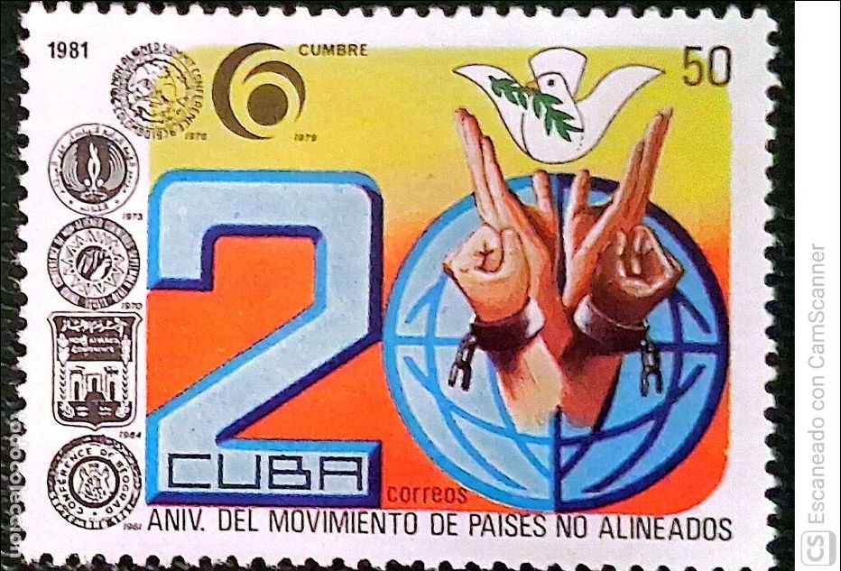 Sellos: Cuba. 2287 Aniversario de la creaci&oacute;n del Movimiento de los Pa&iacute;ses no alineados: Emblema, paloma y m