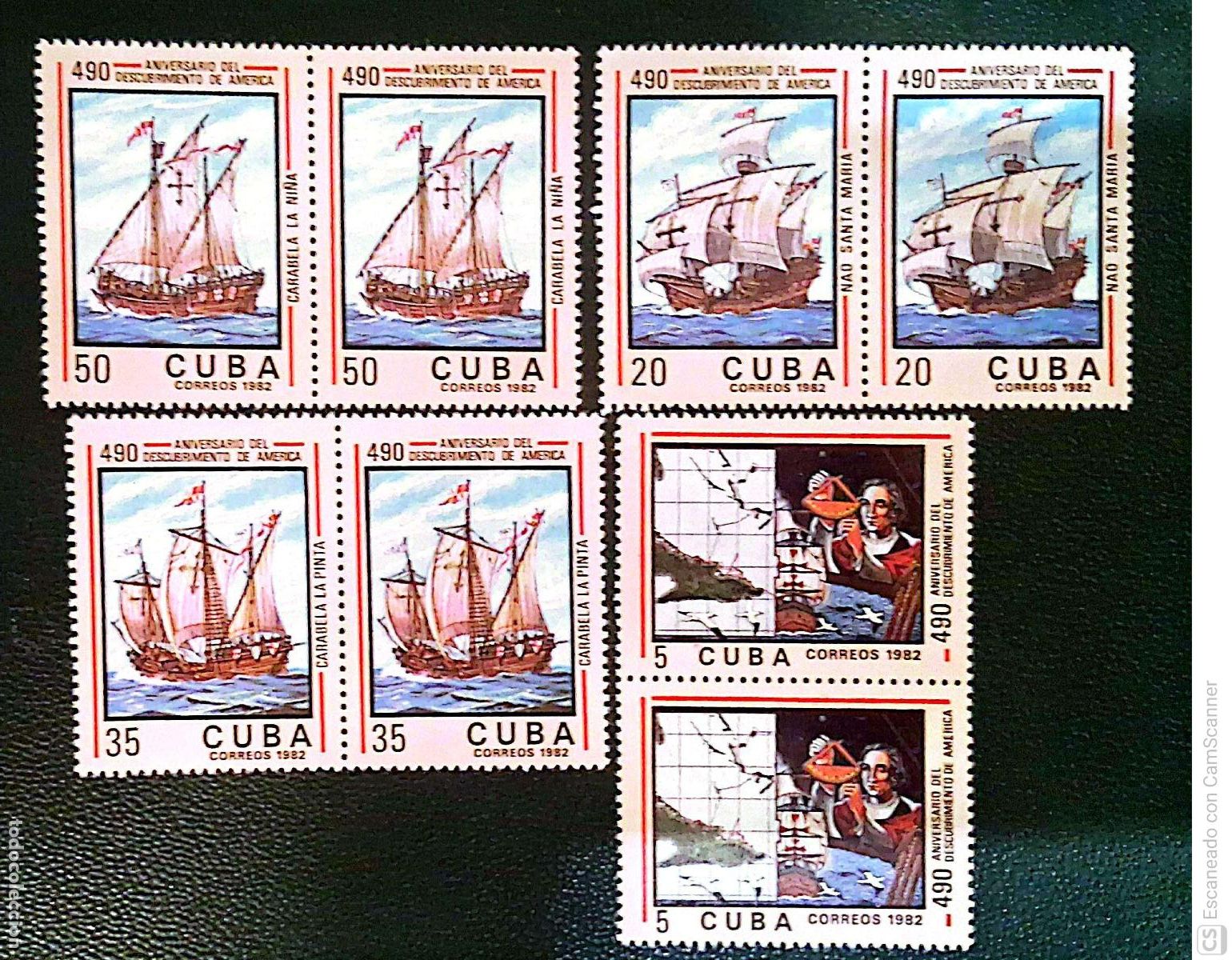 Sellos: Cuba. 2399/2402 Aniversario descubrimiento Am&eacute;rica: Col&oacute;n, Santa Mar&iacute;a, Pinta y Ni&ntilde;a, en pareja. 198