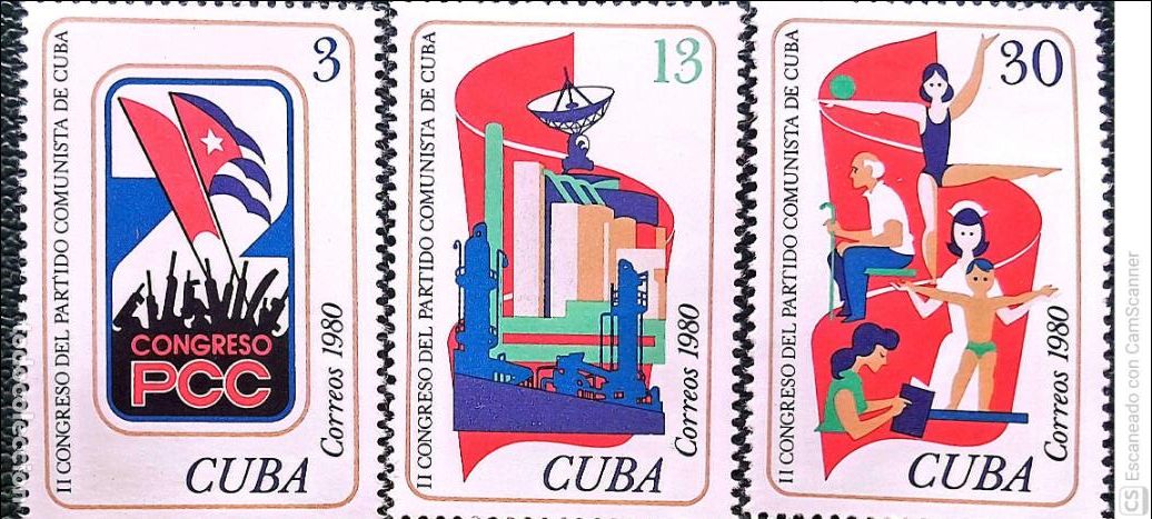 Sellos: Cuba. 2234/36 2&ordm; Congreso del Partido comunista cubano: Banderas, realizaciones industriales y benef