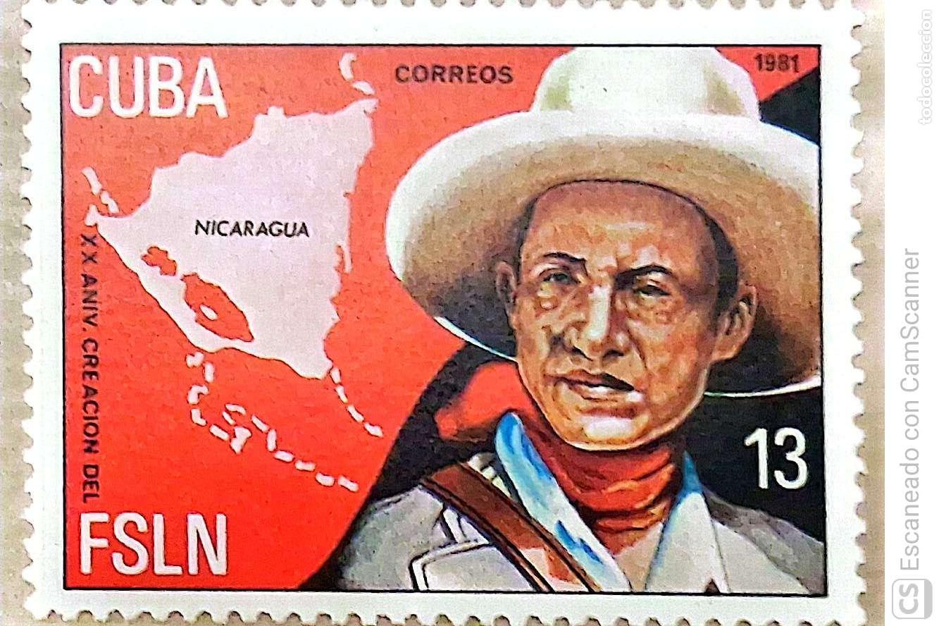 Sellos: Cuba. 2282 Aniversario de la creaci&oacute;n del Frente Sandinista de Nicaragua: Mapa de Nicaragua y retrat