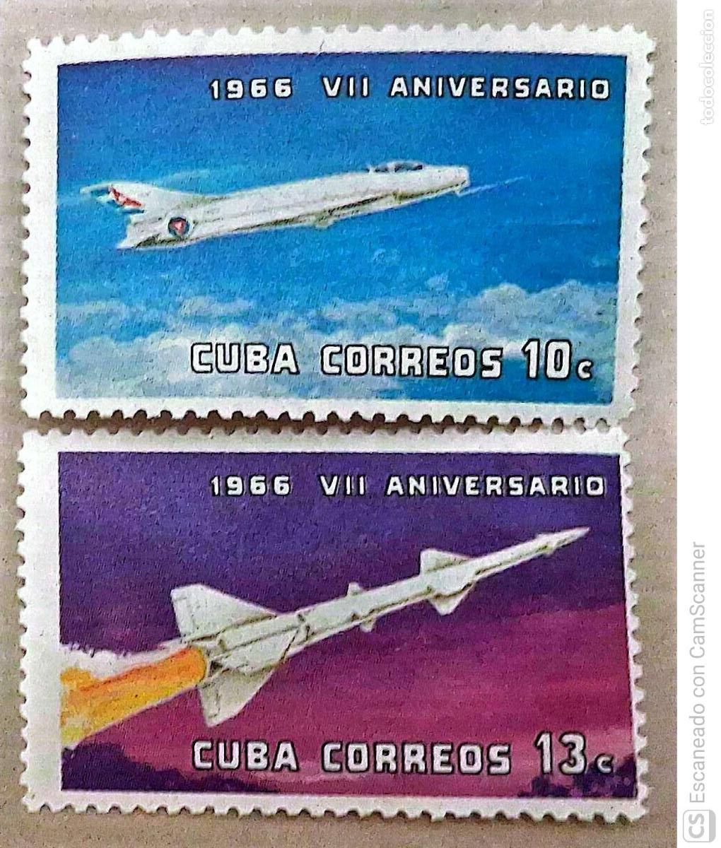 Sellos: Cuba. 953/54 Aniversario de la Revoluci&oacute;n: Avi&oacute;n y cohete. 1966. Sellos nuevos con charnela y numer