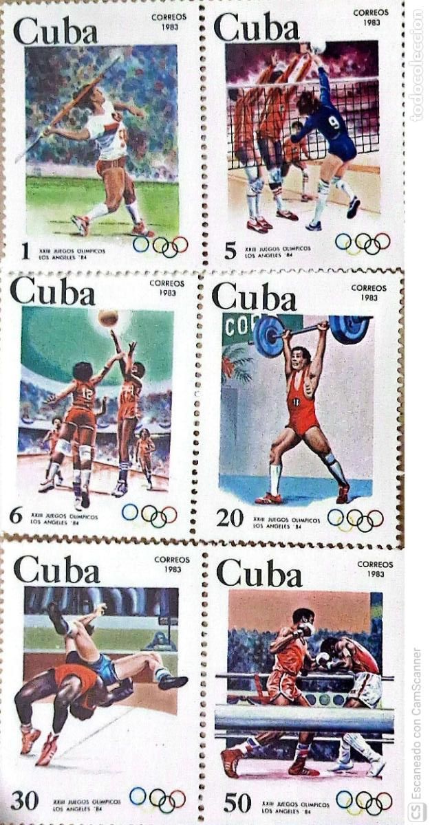Sellos: Cuba. 2416/21 Preol&iacute;mpico Los &Aacute;ngeles: Jabalina, volley, basket, halterofilia, lucha, boxeo. 1983.