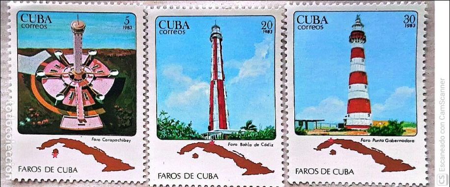 Sellos: Cuba. 2459/61 Faros: Carapachibey, Bah&iacute;a de C&aacute;diz y Punta Gobernadora. 1983. Sellos nuevos y numerac