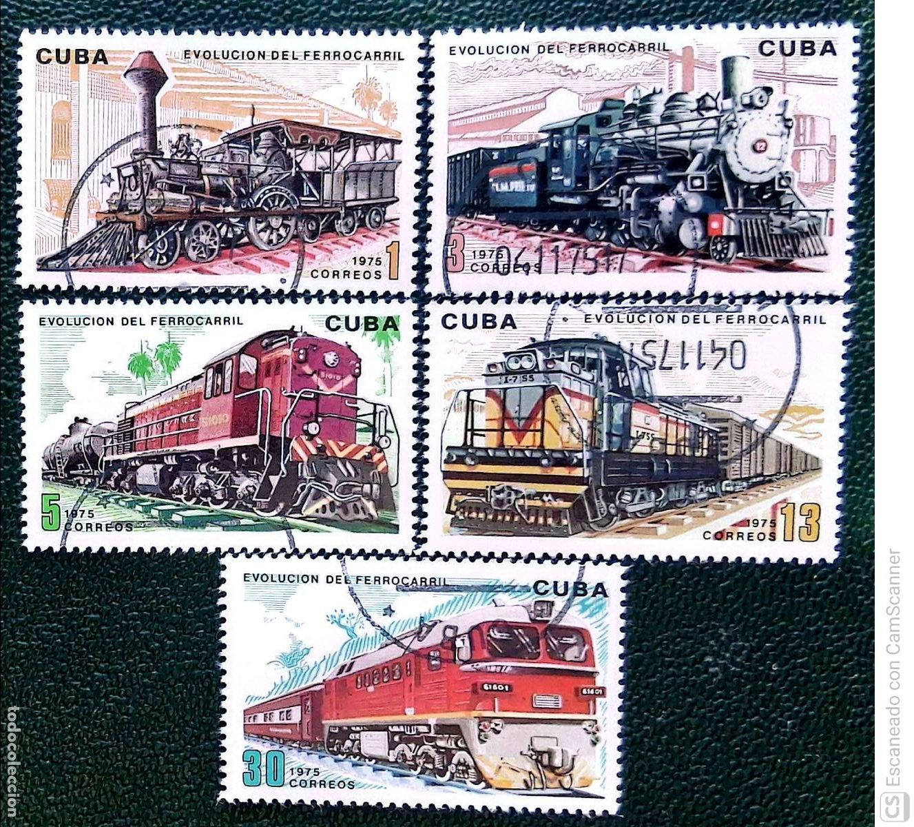 Sellos: Cuba. 1880/84 Evoluci&oacute;n de los ferrocarriles: Locomotoras. 1975. Sellos usados y numeraci&oacute;n Yvert.