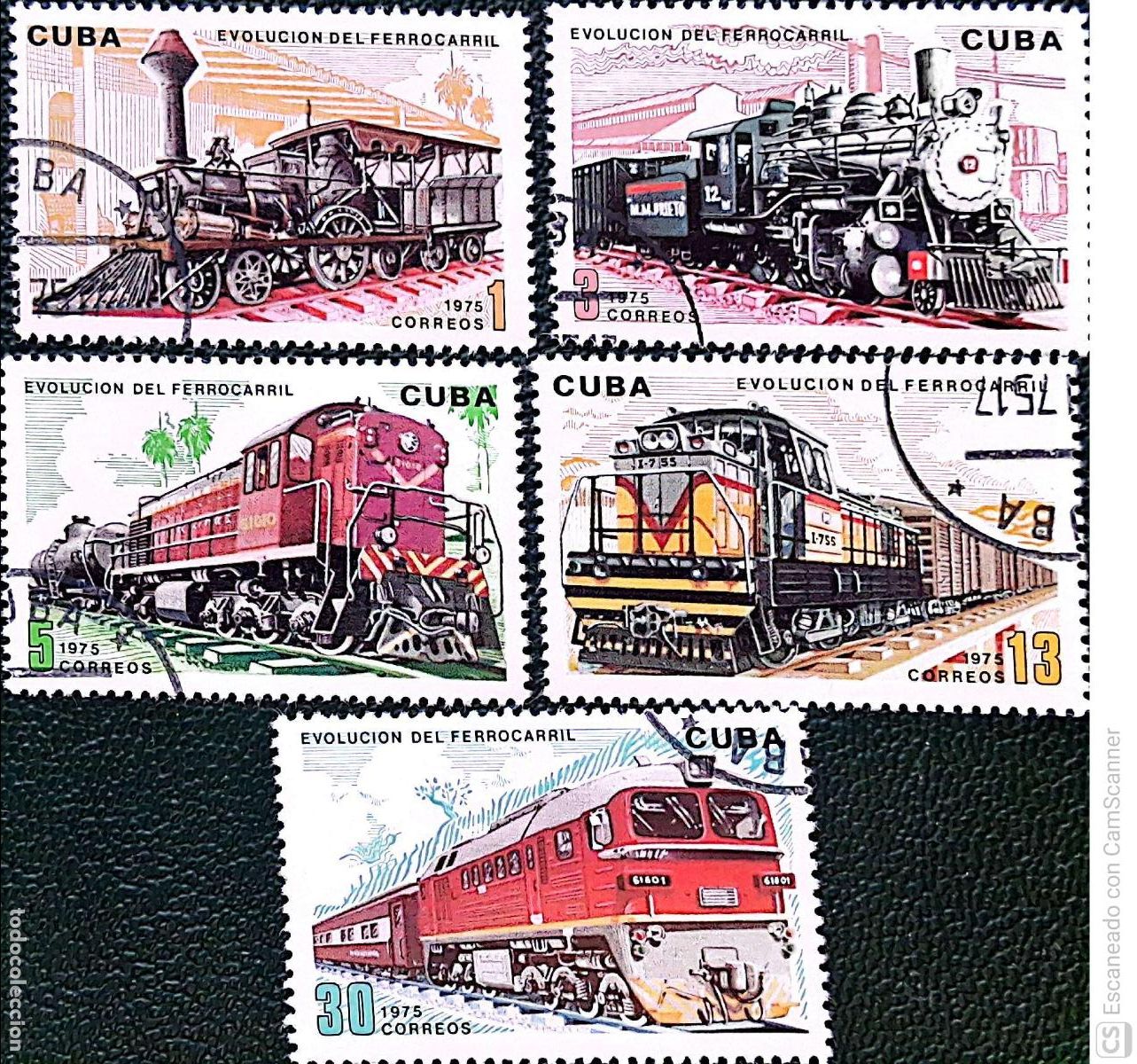 Sellos: Cuba. 1880/84 Evoluci&oacute;n de los ferrocarriles: Locomotoras. 1975. Sellos usados y numeraci&oacute;n Yvert.