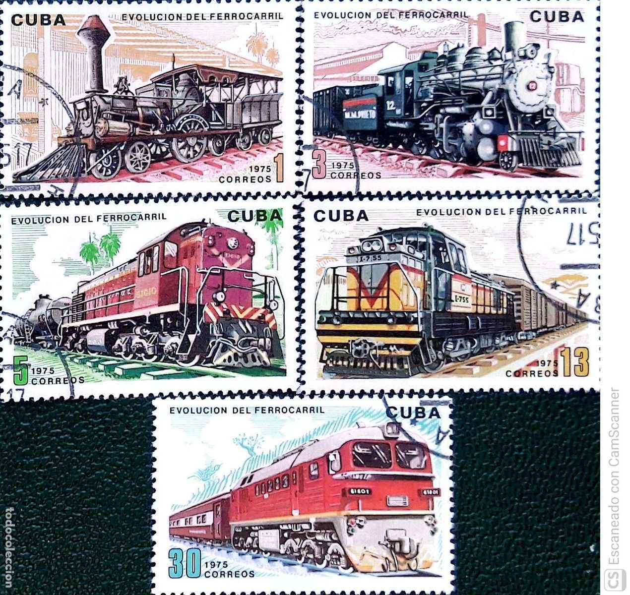 Sellos: Cuba. 1880/84 Evoluci&oacute;n de los ferrocarriles: Locomotoras. 1975. Sellos usados y numeraci&oacute;n Yvert.