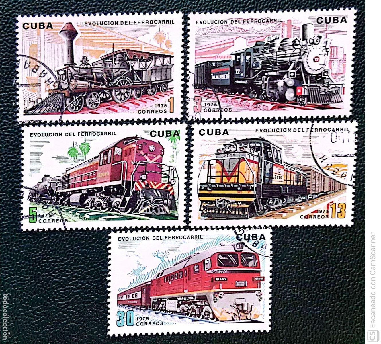 Sellos: Cuba. 1880/84 Evoluci&oacute;n de los ferrocarriles: Locomotoras. 1975. Sellos usados y numeraci&oacute;n Yvert.