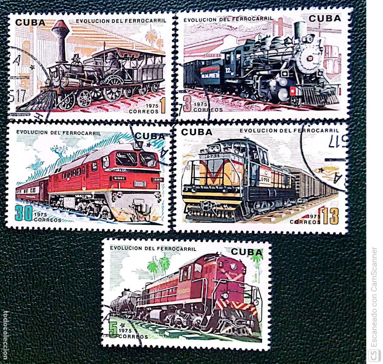 Sellos: Cuba. 1880/84 Evoluci&oacute;n de los ferrocarriles: Locomotoras. 1975. Sellos usados y numeraci&oacute;n Yvert.