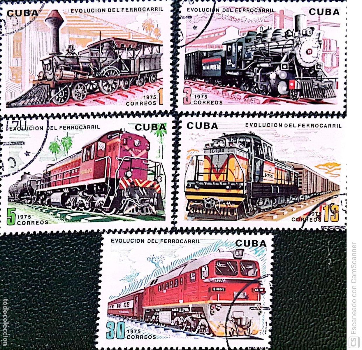 Sellos: Cuba. 1880/84 Evoluci&oacute;n de los ferrocarriles: Locomotoras. 1975. Sellos usados y numeraci&oacute;n Yvert.