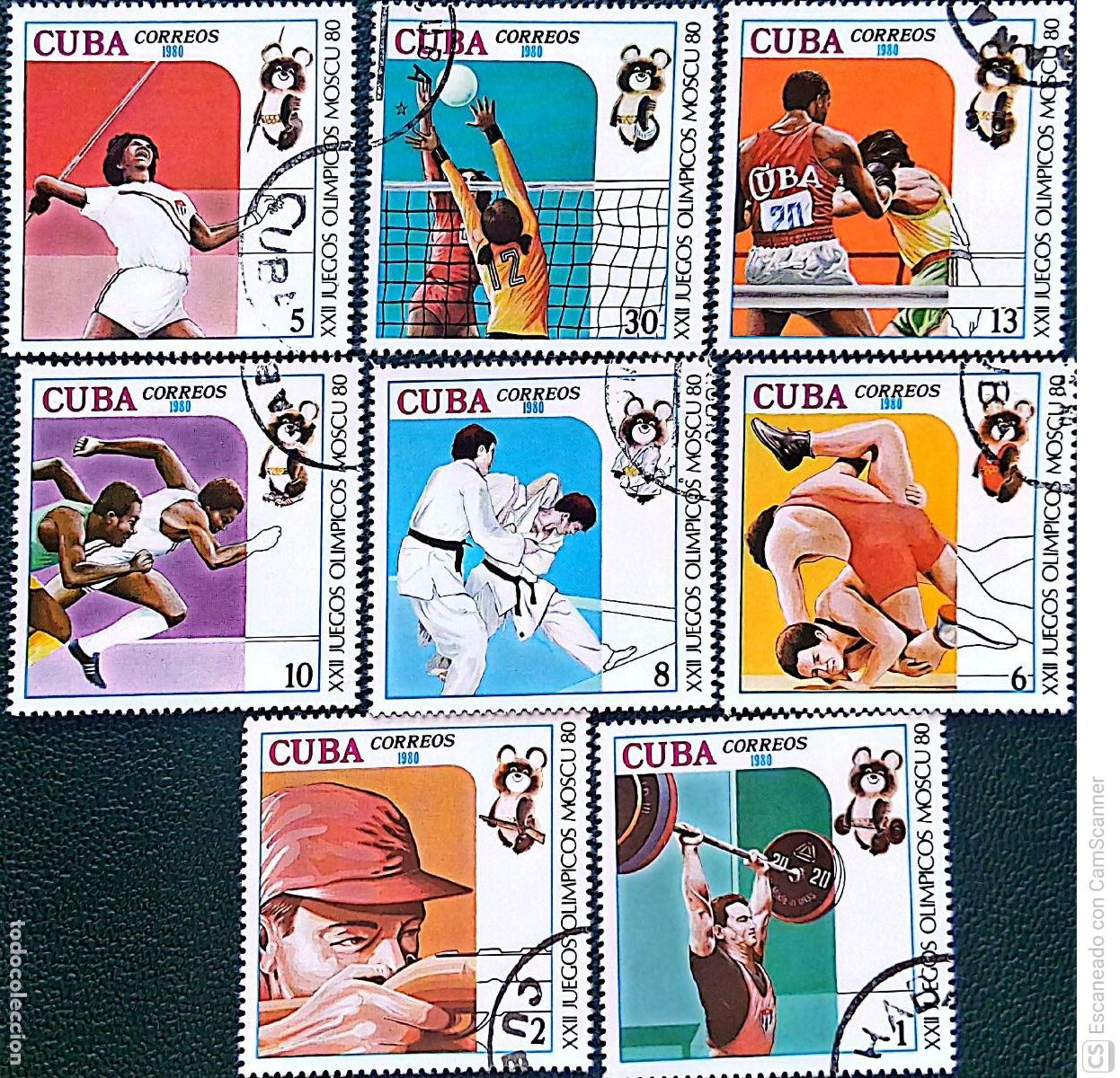 Sellos: Cuba. 2170/77 JJ. OO. Mosc&uacute;: Halterofilia, tiro, jabalina, lucha, judo, carreras, boxeo y volley. 19