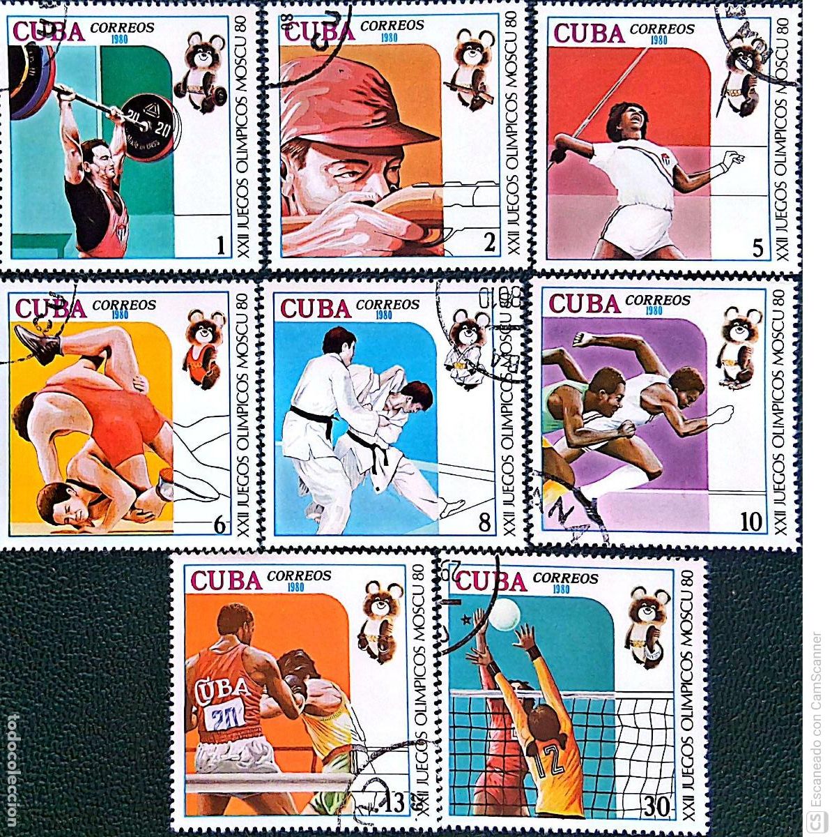 Sellos: Cuba. 2170/77 JJ. OO. Mosc&uacute;: Halterofilia, tiro, jabalina, lucha, judo, carreras, boxeo y volley. 19