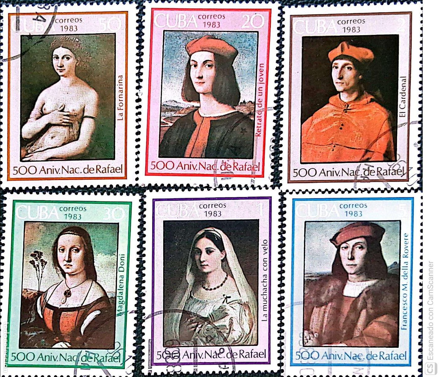 Sellos: Cuba. 2452/57 Aniversario del nacimiento del pintor Raphael. Cuadros. 1983. Sellos usados y numeraci