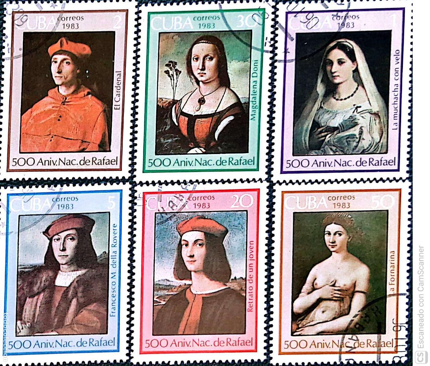 Sellos: Cuba. 2452/57 Aniversario del nacimiento del pintor Raphael. Cuadros. 1983. Sellos usados y numeraci