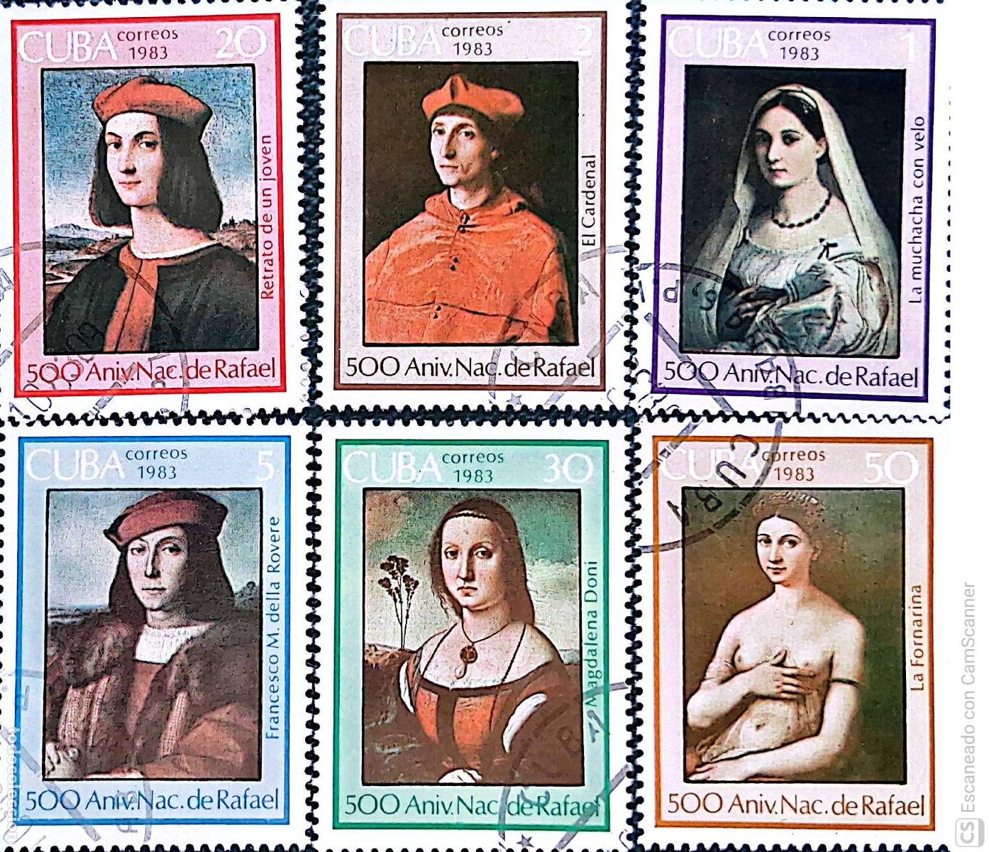 Sellos: Cuba. 2452/57 Aniversario del nacimiento del pintor Raphael. Cuadros. 1983. Sellos usados y numeraci