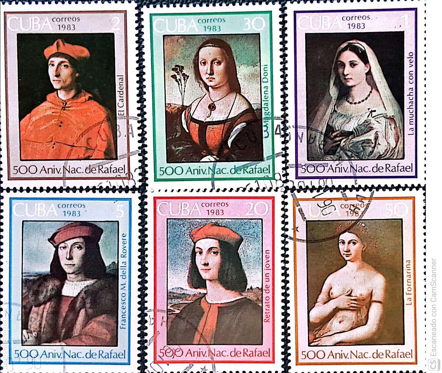 Sellos: Cuba. 2452/57 Aniversario del nacimiento del pintor Raphael. Cuadros. 1983. Sellos usados y numeraci