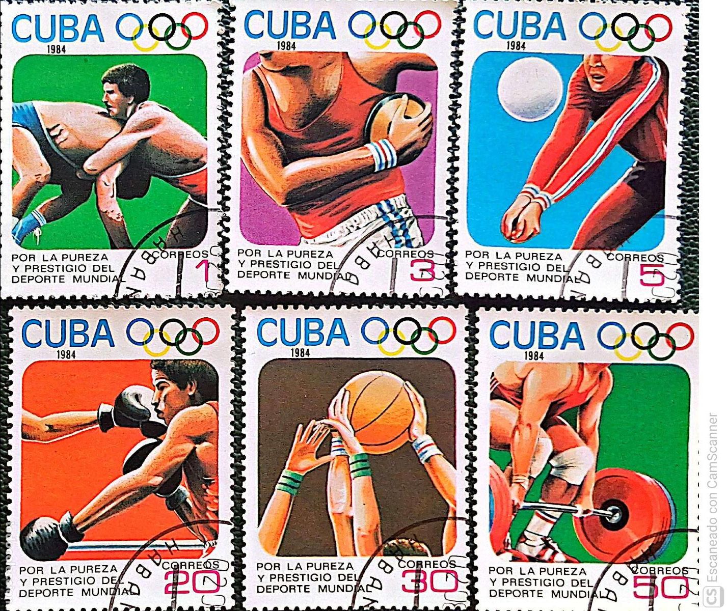 Sellos: Cuba. 2559/64 Deportes: Lucha, disco, volley, boxeo, basket, halterofilia. Aros ol&iacute;mpicos. 1984. Sel