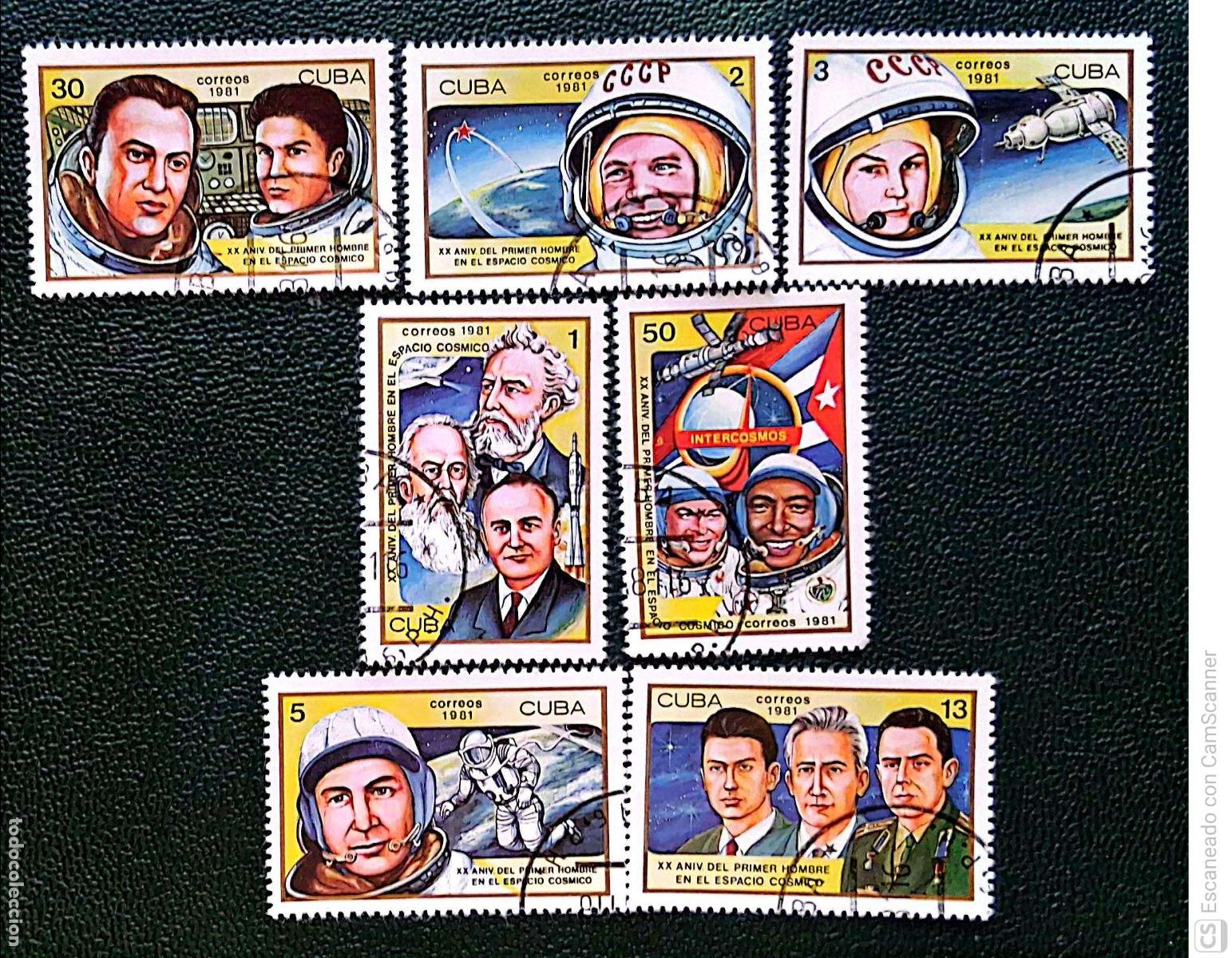 Sellos: Cuba. 2256/62 Aniversario del primer hombre al espacio c&oacute;smico: Julio Verne, Tsiolkovski y Koroliov,