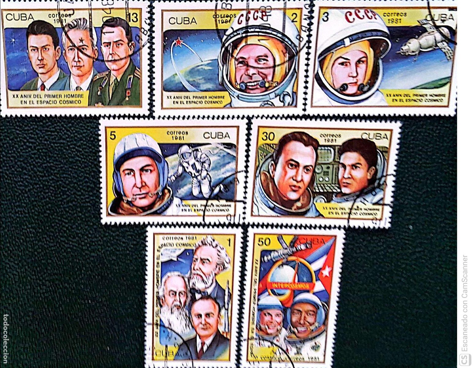 Sellos: Cuba. 2256/62 Aniversario del primer hombre al espacio c&oacute;smico: Julio Verne, Tsiolkovski y Koroliov,