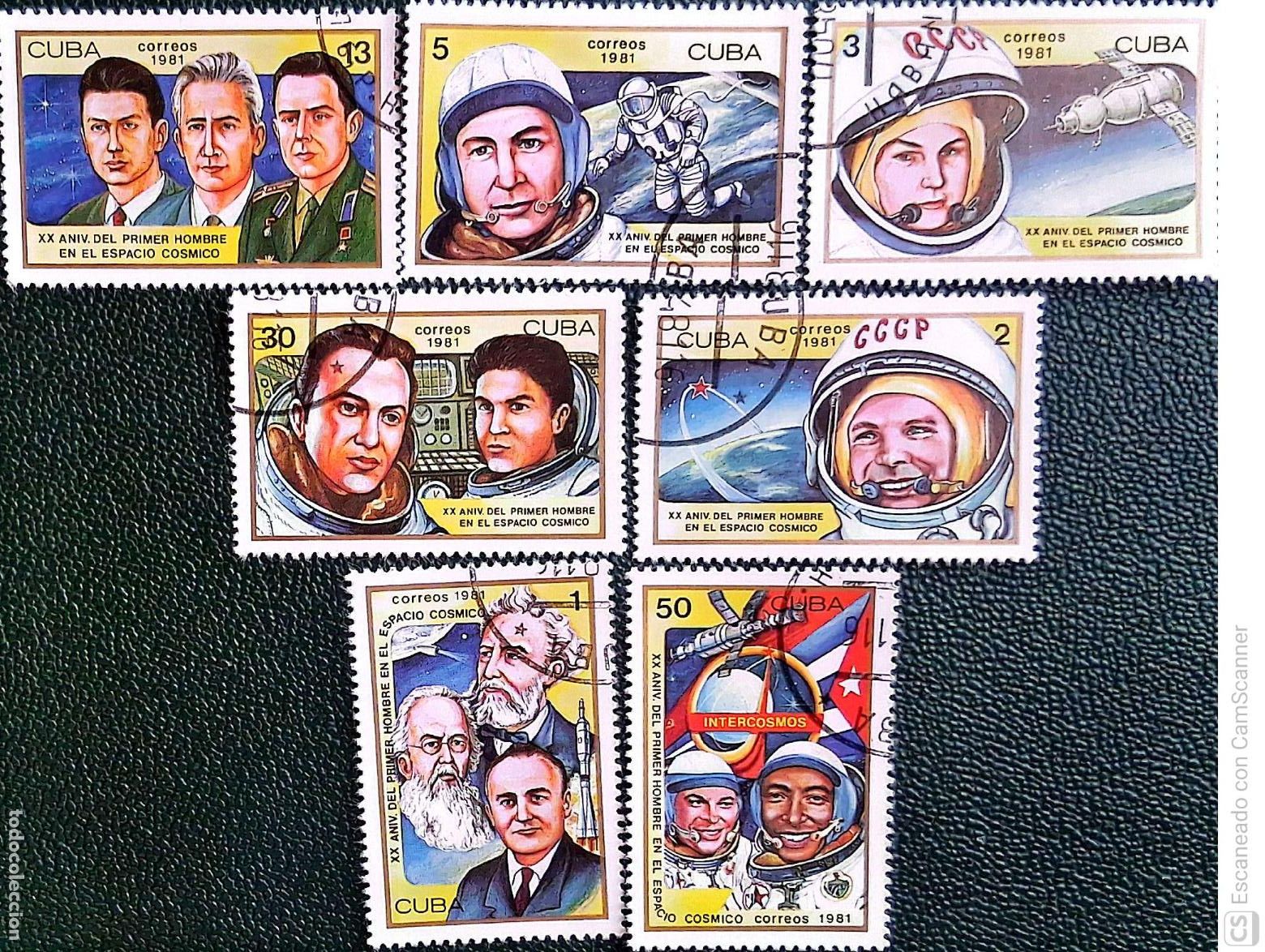 Sellos: Cuba. 2256/62 Aniversario del primer hombre al espacio c&oacute;smico: Julio Verne, Tsiolkovski y Koroliov,